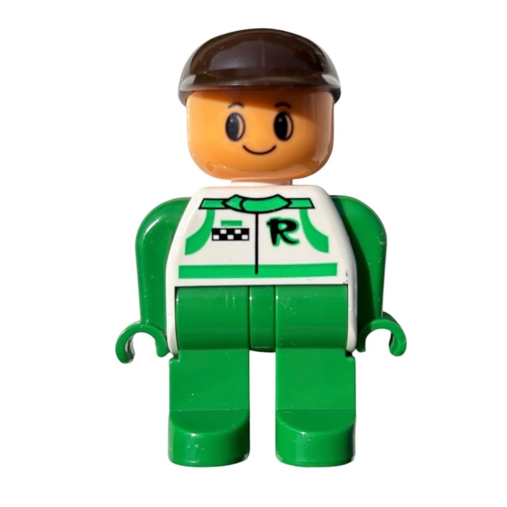 Lego VINTAGE 90s Duplo Racer Minifigure Green White Racing Suit Brown Cap Figure